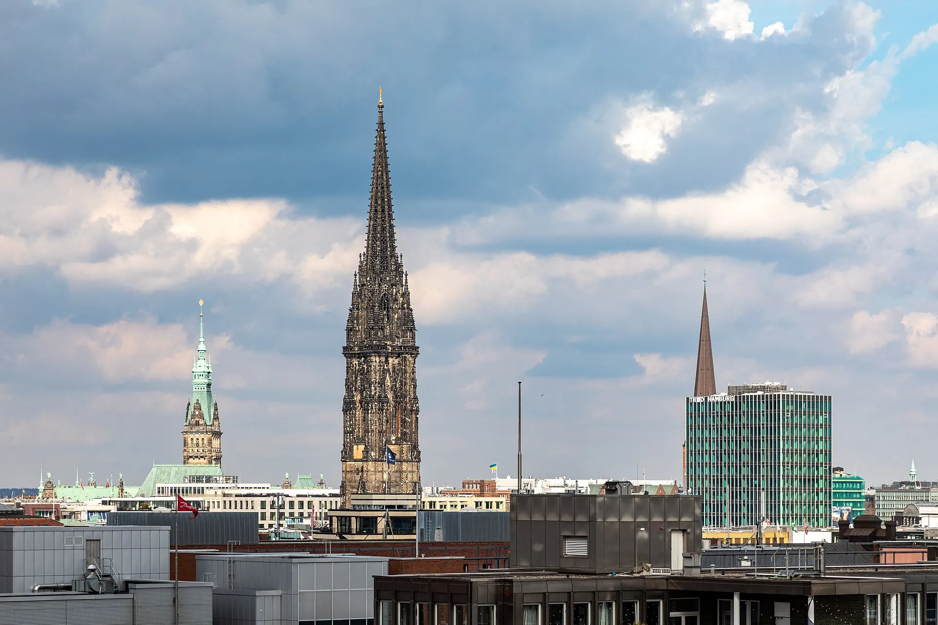 View from the Elbphilharmonie Plaza (8th floor) to St Nicholas Church, Hamburg, Germany